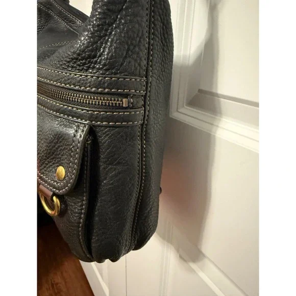 Fossil Black Leather Hobo Shoulder Bag Convertible Crossbody Brass Hardware